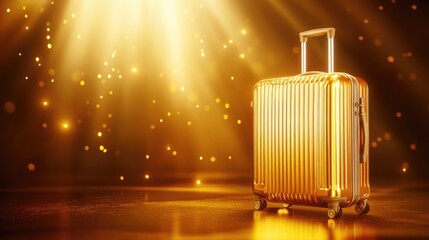 Elegant golden suitcase with wheels in luxurious spotlight setting