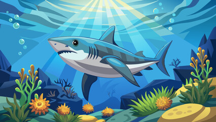 Obraz premium Shark swimming gracefully over coral reef under sun rays