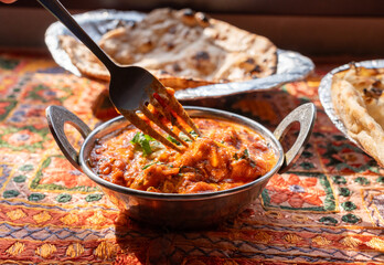 Butter paneer masala. Cottage cheese curry, hot spicy chicken korma, traditional indian food
