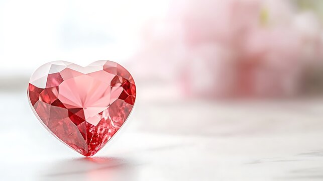 A faceted red heart rests on a blurred white surface