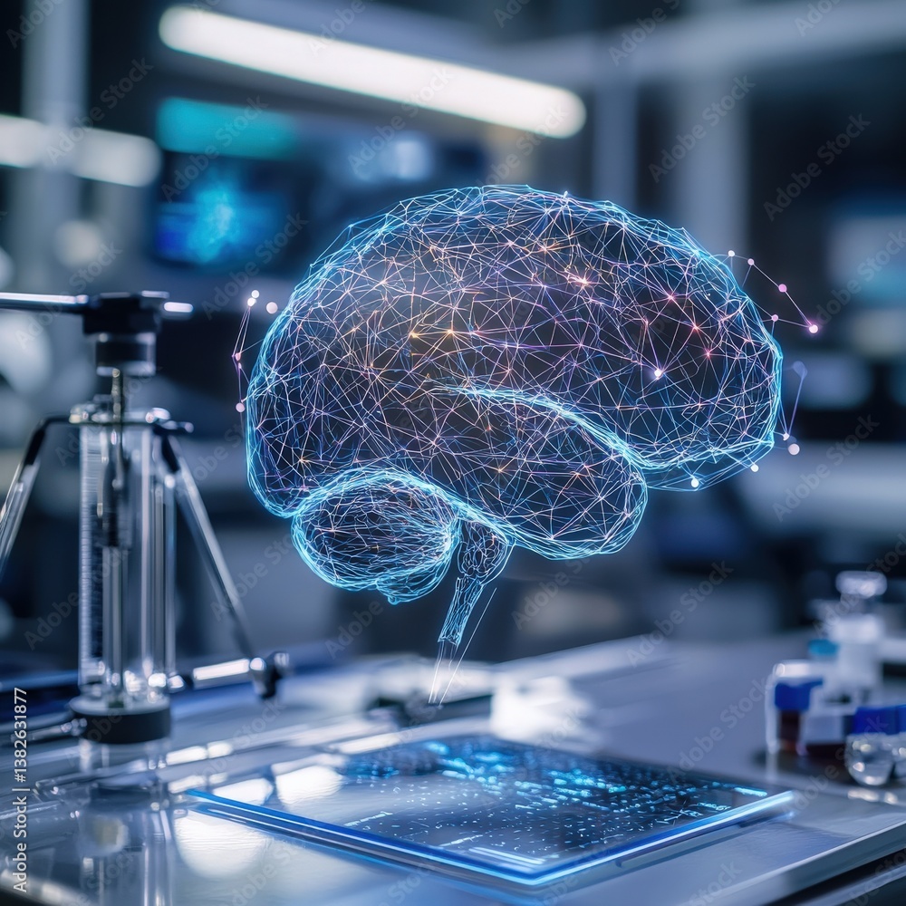Poster a futuristic mind-uploading process visualized in a high-tech lab.