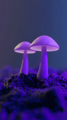 Two Glowing Purple Mushrooms in Dark Soil