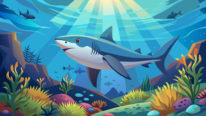 Fototapeta premium Shark swimming gracefully over coral reef under sun rays