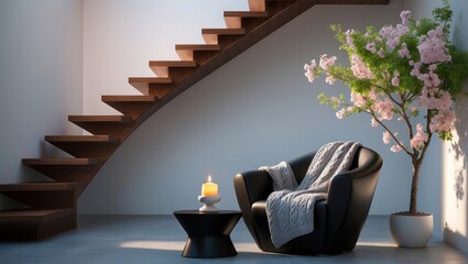 A cozy reading nook at home featuring a small modern armchair, paired with a similarly sized coffee table. It is conveniently situated beneath the stairs and enhanced by home-grown plants.