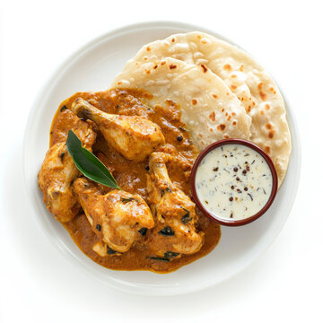 A plate of chicken chettinad, with chicken cooked in a spicy coconut and peppercorn sauce, served with parotta bread, isolated on clean white background.