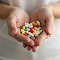 woman holding pills in her hand. Woman's one hands holding medicine pills.