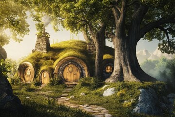 Fototapeta premium Cozy round cottage nestled among trees in a serene landscape during golden hour