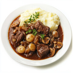 A beautifully arranged image of a plate of beef bourguignon, featuring tender beef, mushrooms, and pearl onions, cooked in a rich red wine sauce, served with mashed potatoes. The beef bourguignon,