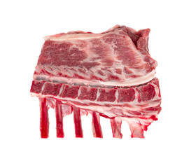 Raw lamb rack isolated, fresh mutton fillet with ribs, tenderloin pieces, mutton rump sirloin meat