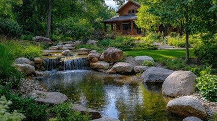Landscaped water feature with a wooden house.  Possible use Stock photo for garden design, landscaping, nature, or real estate