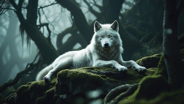 Arctic wolf resting at night on a hillside under moonlight.