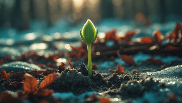 A surprising view of a vibrant green plant rising through a layer of snow, illustrating a striking contrast between life and winter conditions. - Powered by Adobe