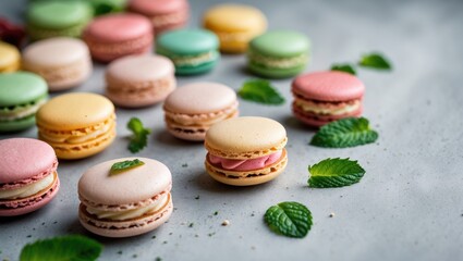 Assorted macarons accompanied by mint leaves on a light gray concrete background. Perfect for holiday-themed culinary visuals with plenty of space for text.