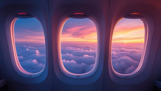 Aerial perspective from an airplane window high above a sunset sky, inside a passenger plane POV gazing out at stunning clouds, banner transport for travel.