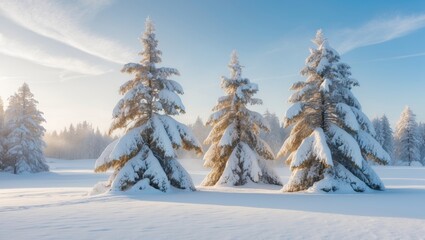 Enchanting winter scene showcasing snow-covered trees sparkling in bright sunlight against a vibrant blue sky, evoking a tranquil and magical ambiance.