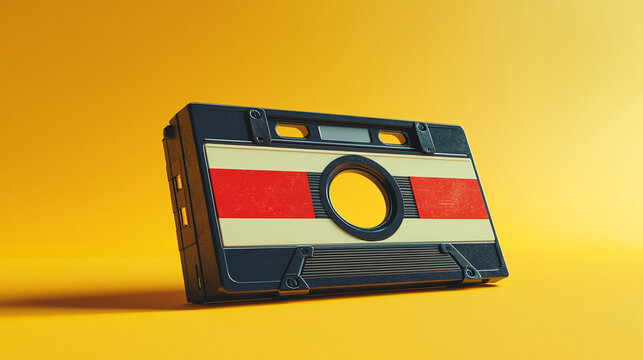 Retro cassette tape on yellow background