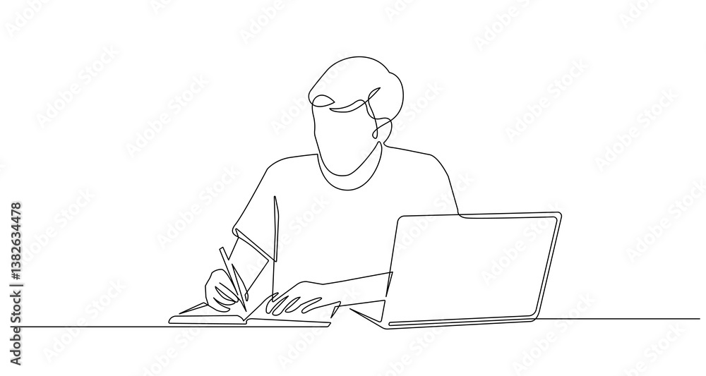 Poster continuous line drawing of man working with laptop in sitting pose. one line drawing of man with not