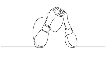 Man Thinks Trendy Line Art Drawing. Problems, Grief Concept Minimalist Black Sketch Isolated on White Background. Problem Solving Vector Continuous One Line Abstract Drawing for Modern Design.