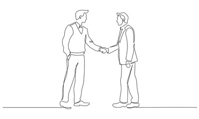 Two Businessmen Handshake in Hand Drawn Continuous Line Drawing. Business Partnership Concept Line Art Drawing. Handshake Vector Illustration Minimalist Style.