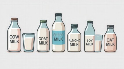 Variety of milk options including cow, goat, sheep, almond, soy, and oat showcased in clean vector style illustration. World Milk Day