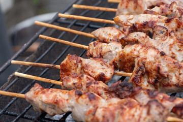 Greek traditional Soulvaki (plural souvlakia). A popular delicious Greek food consisting of small pieces of meat on a skewer. A practice historically dates back to the Bronze Age and Mycenaean Greece.