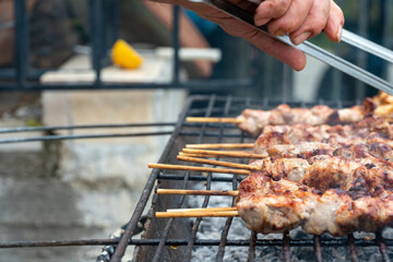 Greek traditional Soulvaki (plural souvlakia). A popular delicious Greek food consisting of small pieces of meat on a skewer. A practice historically dates back to the Bronze Age and Mycenaean Greece.