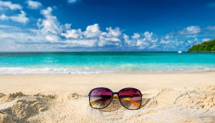 Beach Bliss Sunglasses on Golden Sand Azure Sea View