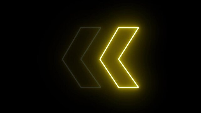 Glowing neon yellow arrow left direction icon. Abstract neon flashing light back arrow loading animation. Seamless loop