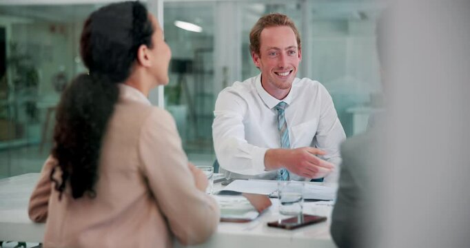 Handshake, recruitment and business people in office, agreement and success with b2b deal. Employees, professional and applause with thank you, shaking hands and hiring with promotion and partnership