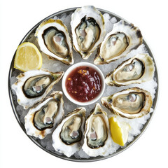 An artful display of a platter of fresh oysters, served on a bed of crushed ice with lemon wedges and mignonette sauce, offering a luxurious seafood experience. The oysters, with their briny flavor