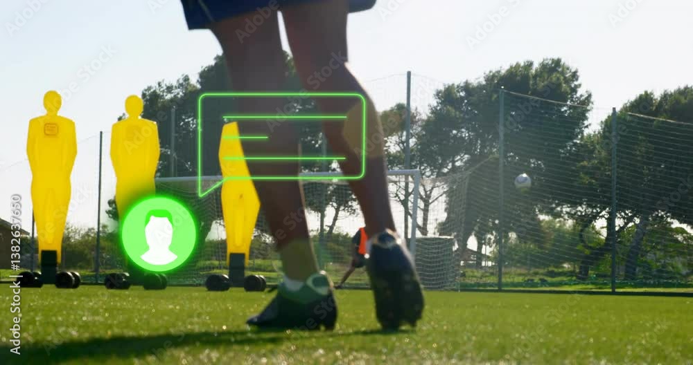 Poster practicing soccer on green field with animation icons and figures around player