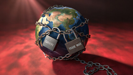 Earth globe chained with tariffs and trade war labels. Realistic 3D globe in metal chains, trade conflict concept