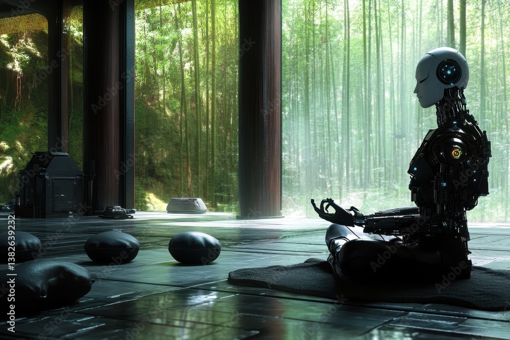 Poster robot meditates in a tranquil bamboo forest setting with modern architecture