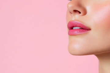 Woman showing pink lips and perfect skin on pink background