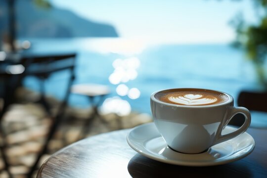Enjoying a warm cup of coffee by the serene ocean on a sunny day