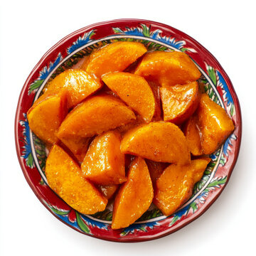 A vibrant plate of calabaza en tacha, candied pumpkin, cooked with piloncillo, cinnamon, and cloves, served as a dessert or sweet snack, arranged on a plate, isolated on clean white background.
