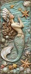 Mermaid with headdress in ocean with starfish and seashells artwork.
