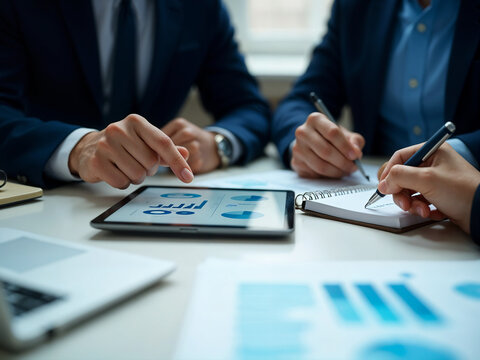 Business professionals in a meeting reviewing data and planning strategy