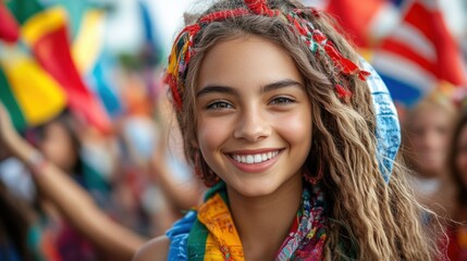 Fototapeta premium Smiling girl with dreadlocks and colorful scarf at festival