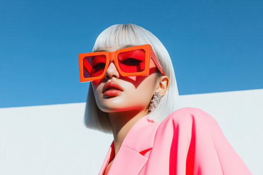 Fashion model wearing orange sunglasses and pink jacket posing under blue sky - Powered by Adobe