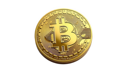 Gold Bitcoin coin featuring the iconic ₿ symbol and intricate circuit-like patterns, emphasizing its decentralized and digital nature, isolated on transparent background