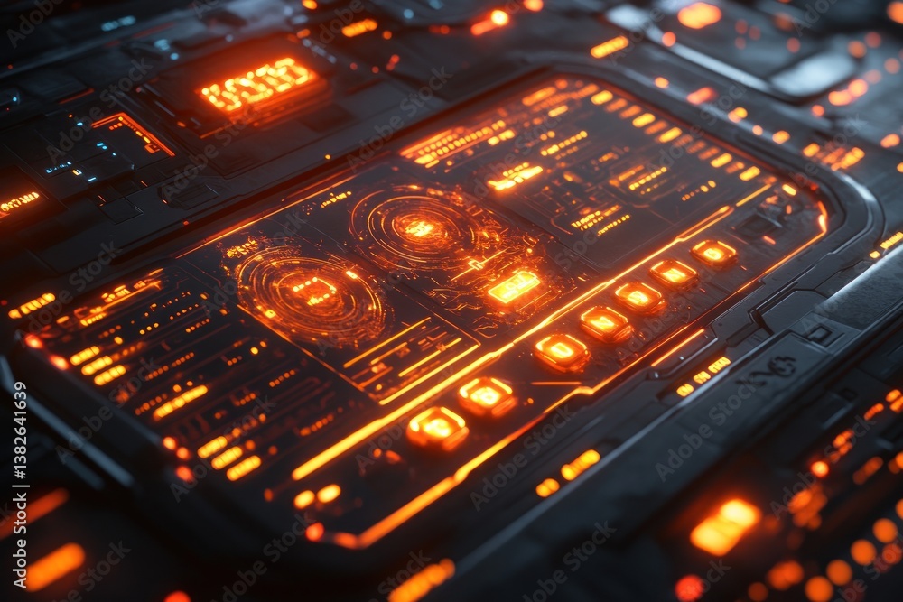 Poster futuristic orange glowing dashboard display on a dark panel with digital readouts