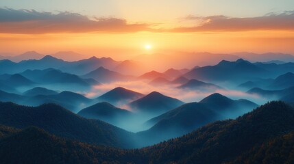 Obraz premium Mountain sunrise, misty valleys, golden light, tranquil landscape