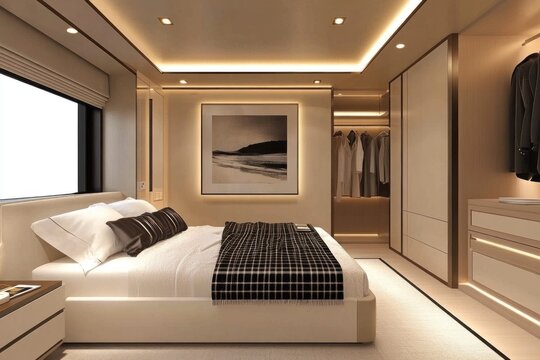 A modern bedroom with bed wardrobe and artistic wall art