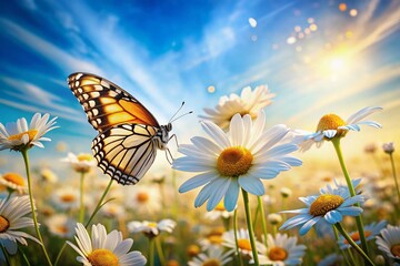 Double Exposure: Butterfly on Daisies, Blue Background - Nature Stock Photo