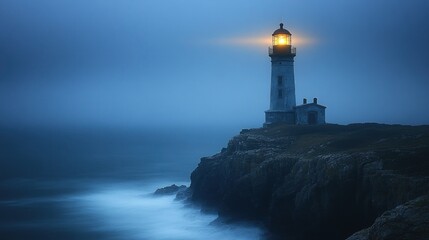 Lighthouse beacon shining on stormy coast at twilight