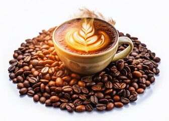 Double Exposure: Coffee Latte Art & Roasted Beans - Aromatic Coffee Drink Stock Photo