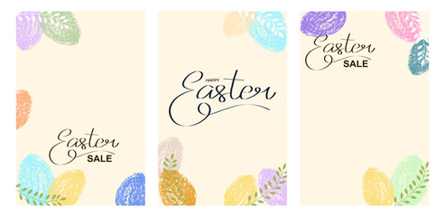 Easter sale social media templates with pastel egg decorations.Minimalist promotional banners