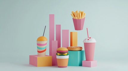 Fototapeta premium Obesity trend infographic with fast-food icons, minimalist 3D data chart on white background, healthcare statistics visualization