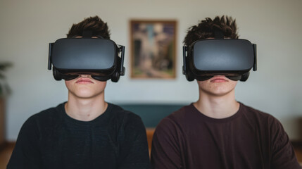Twin brothers immersed in virtual reality.